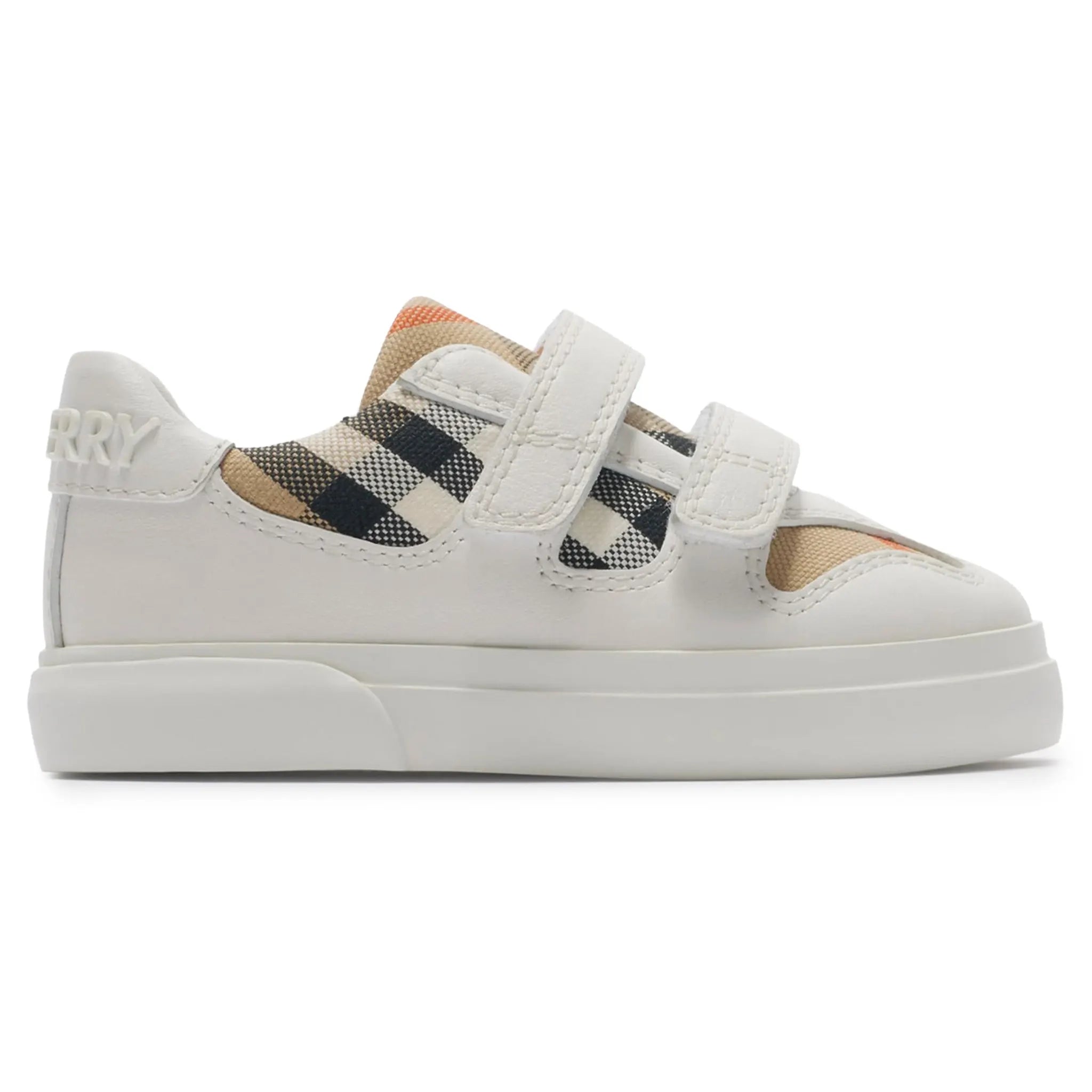 Front View of Burberry Kids Cotton and Leather Noah Strap White Trainers BURA4116135247